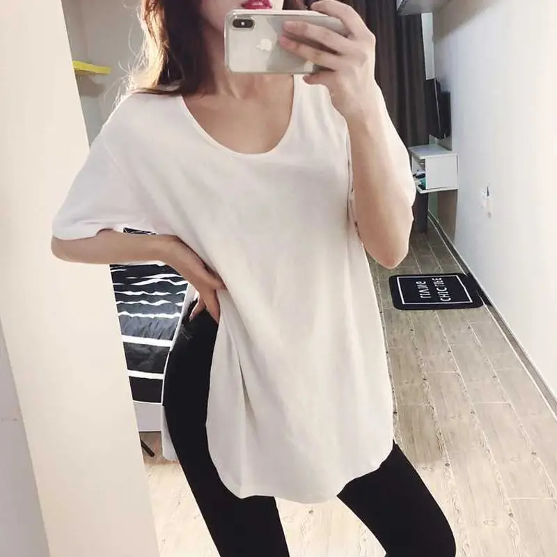 Women Black T-Shirt Large Summer Loose Round Neck - Image 5