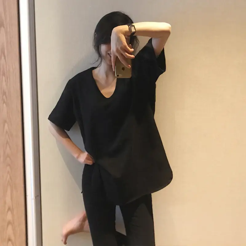 Women Black T-Shirt Large Summer Loose Round Neck - Image 6