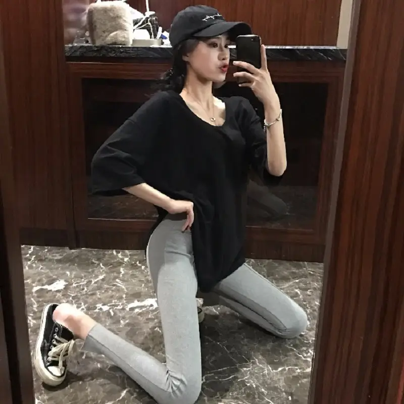 Women Black T-Shirt Large Summer Loose Round Neck - Image 7