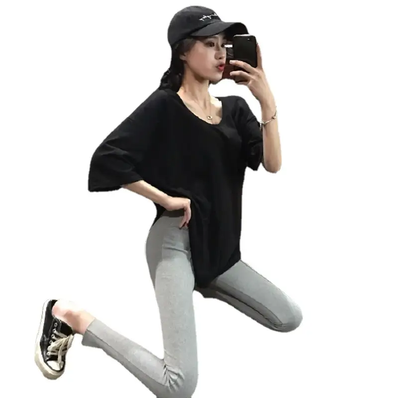 Women Black T-Shirt Large Summer Loose Round Neck - Image 8