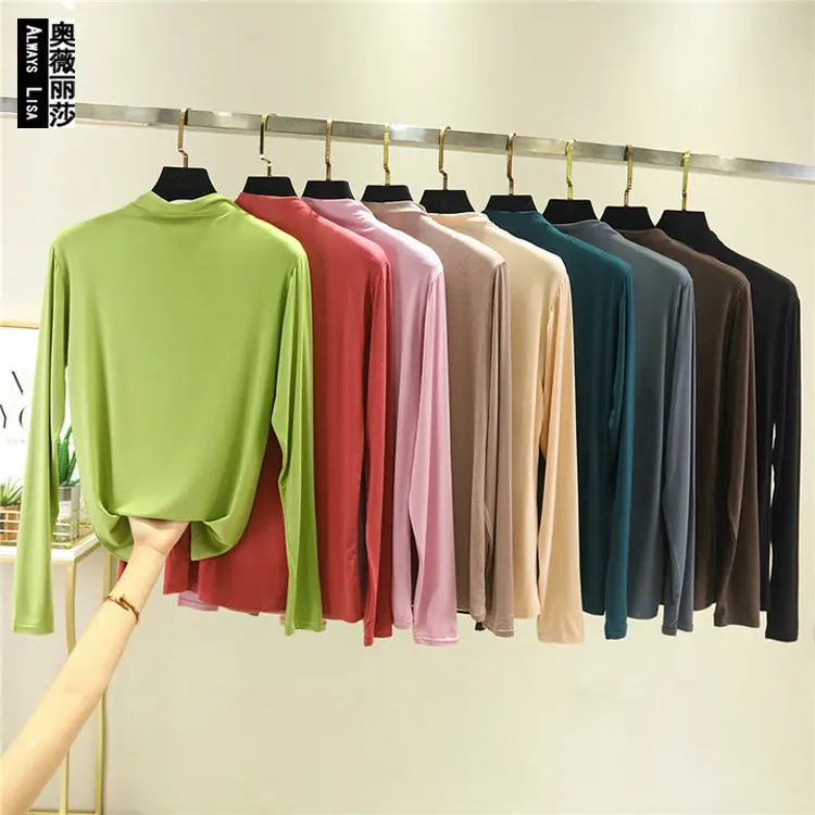 Women Blue Long Sleeve T-Shirt Half High Collar - Image 19
