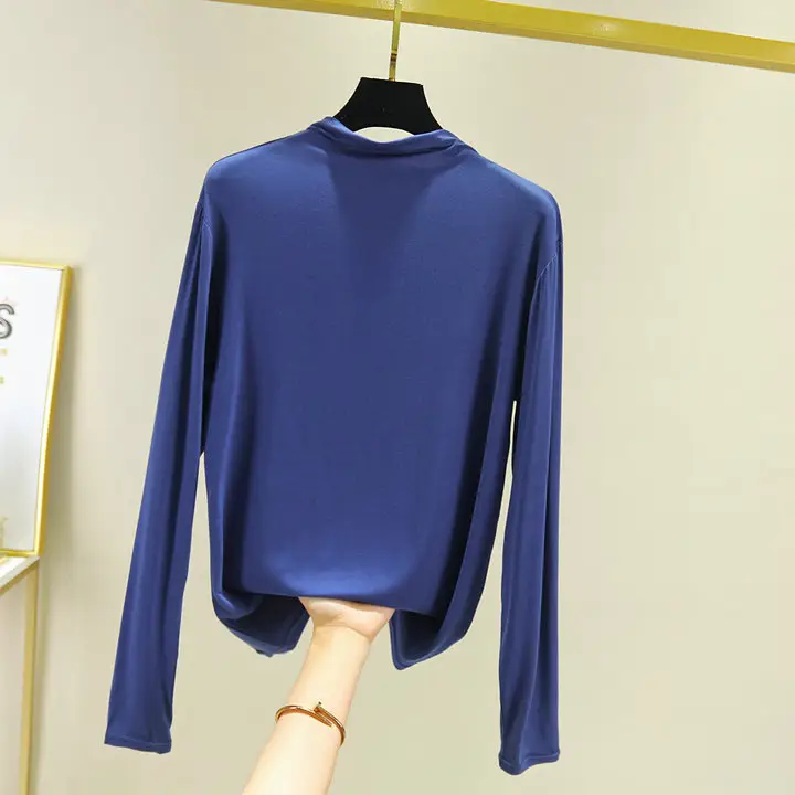 Women Blue Long Sleeve T-Shirt Half High Collar - Image 12