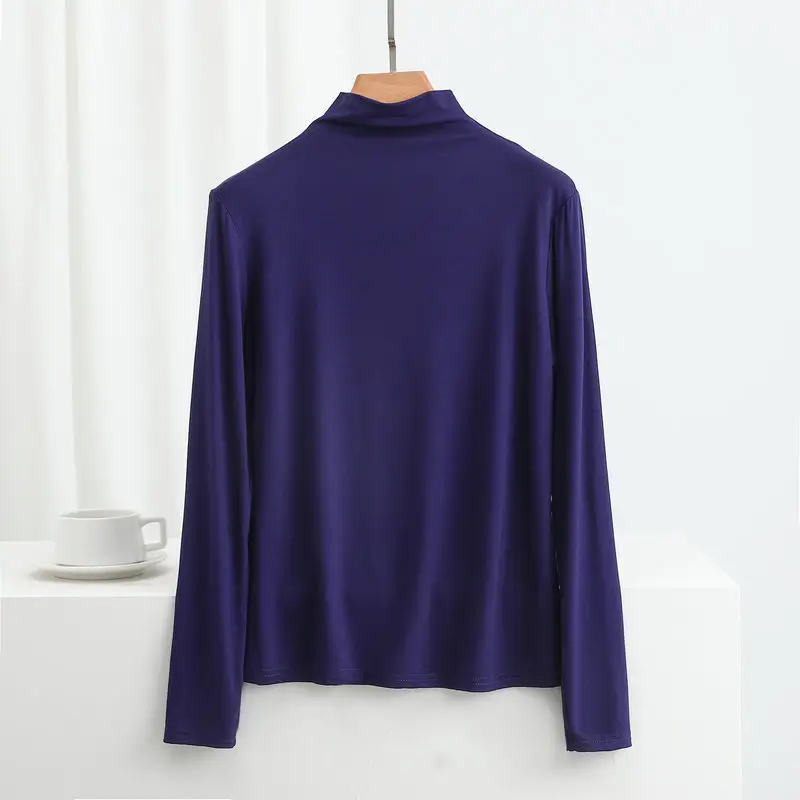 Women Blue Long Sleeve T-Shirt Half High Collar - Image 16