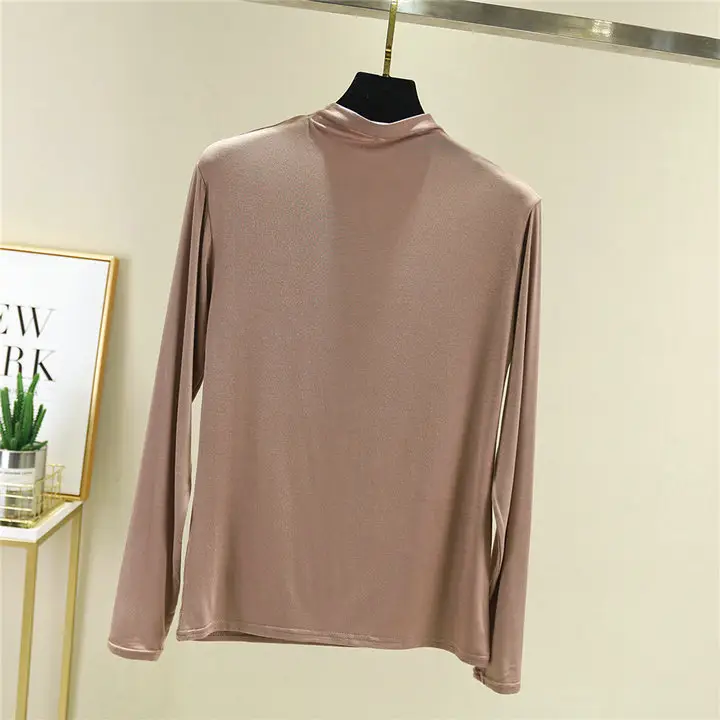 Women Blue Long Sleeve T-Shirt Half High Collar - Image 3