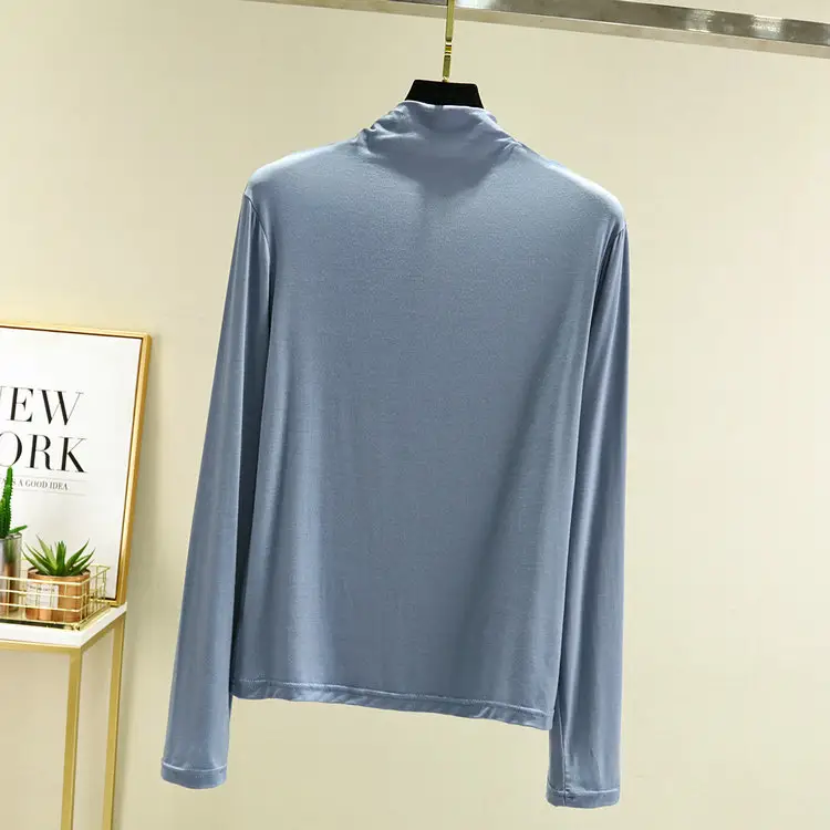 Women Blue Long Sleeve T-Shirt Half High Collar - Image 5
