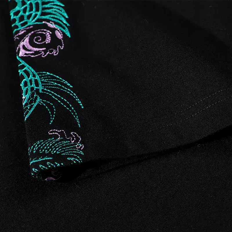 Men Embroidered Cotton T-Shirt Black Short Sleeve - Image 5