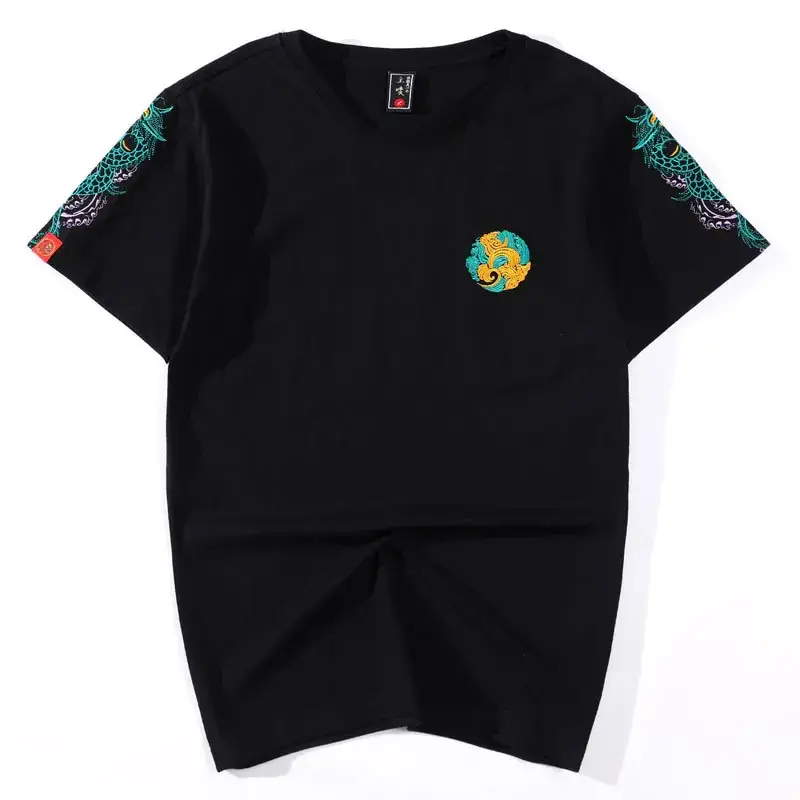Men Embroidered Cotton T-Shirt Black Short Sleeve - Image 2