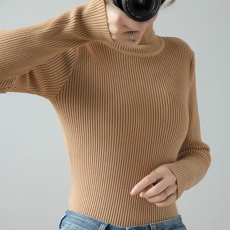 Women's Thick Knit Turtleneck Sweater Brown Slim Fit - Image 11