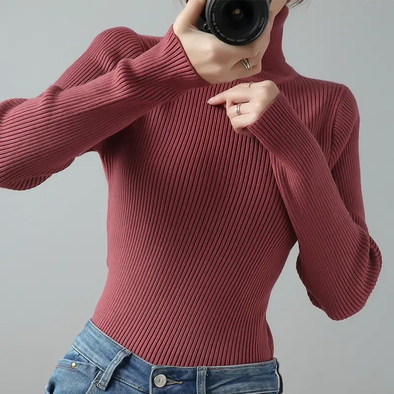 Women's Thick Knit Turtleneck Sweater Brown Slim Fit - Image 12