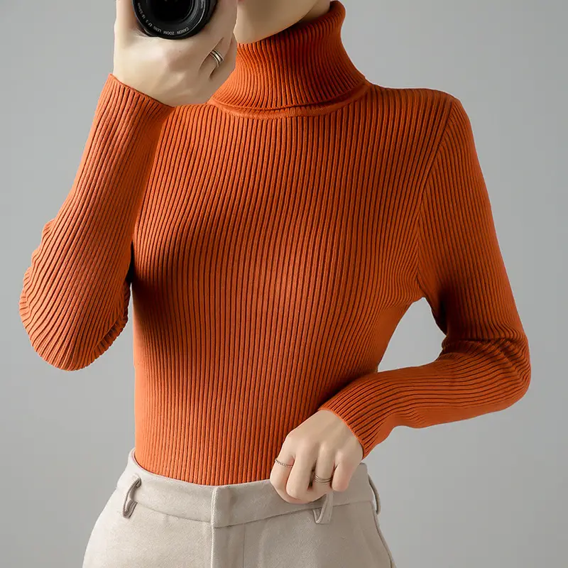 Women's Thick Knit Turtleneck Sweater Brown Slim Fit - Image 18