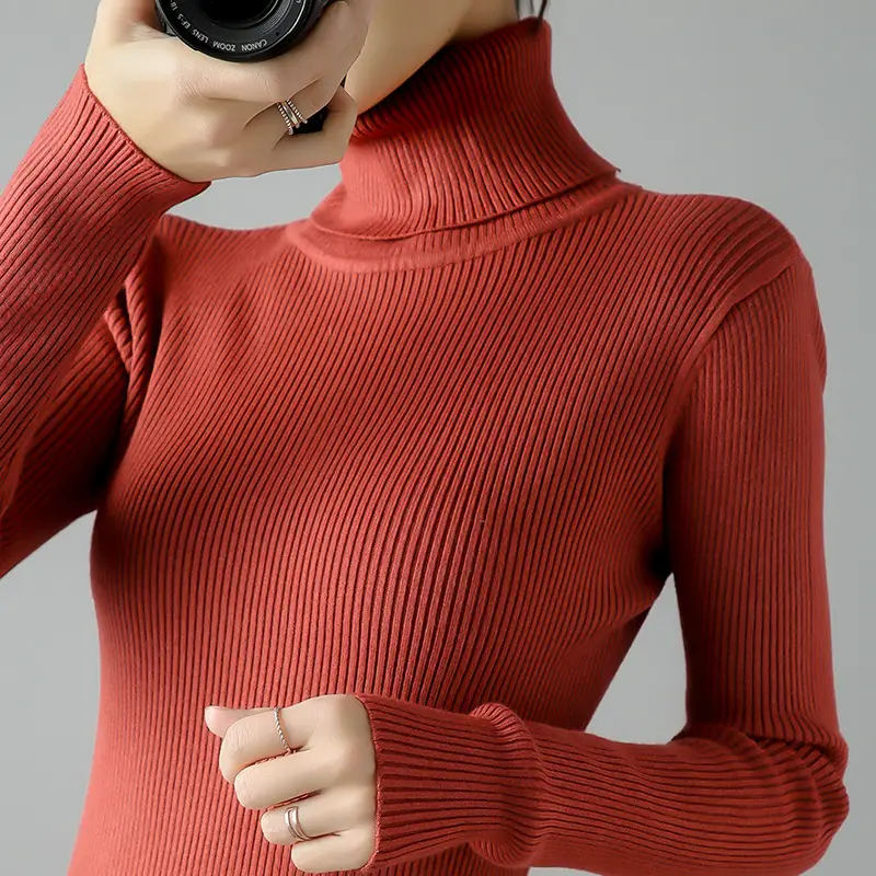Women's Thick Knit Turtleneck Sweater Brown Slim Fit - Image 19