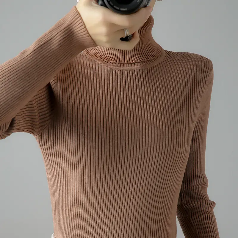 Women's Thick Knit Turtleneck Sweater Brown Slim Fit - Image 21