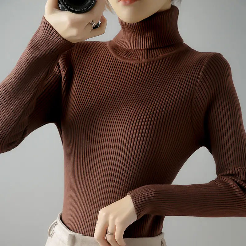 Women's Thick Knit Turtleneck Sweater Brown Slim Fit - Image 23