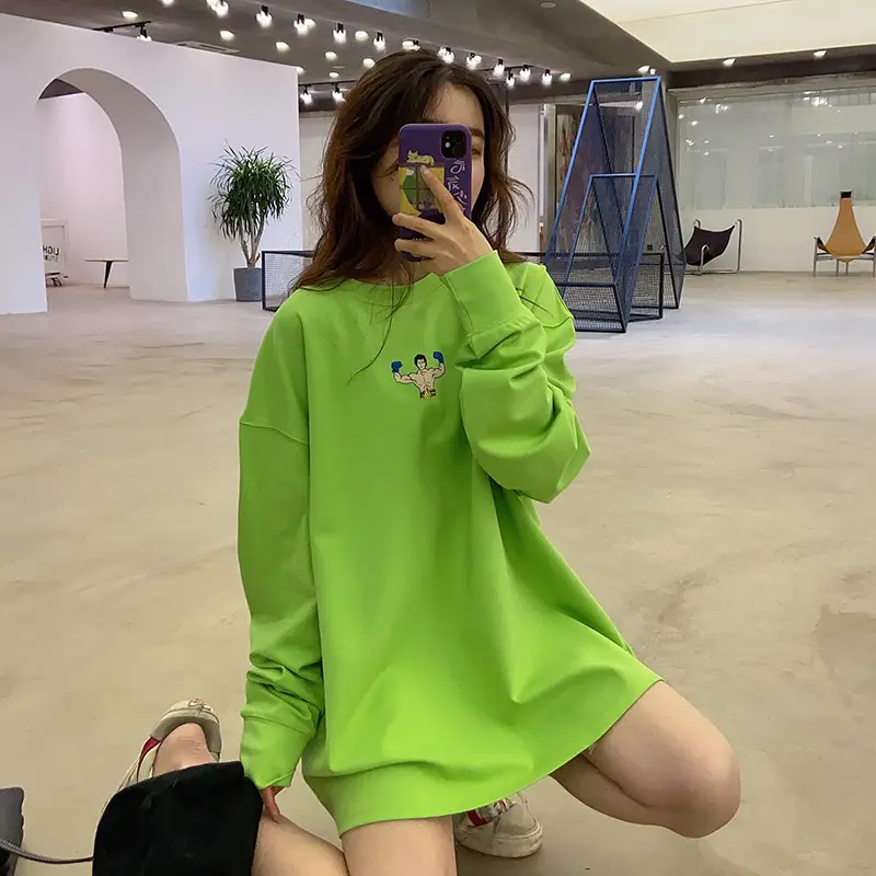 Women Green Cotton Sweatshirt Dress Loose Fit Summer Wear - Image 2