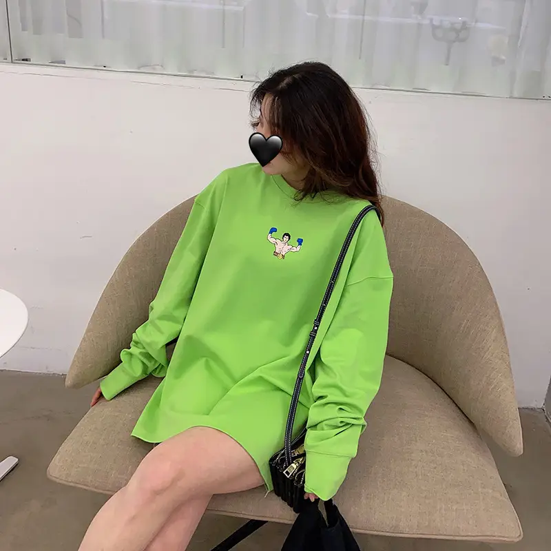 Women Green Cotton Sweatshirt Dress Loose Fit Summer Wear - Image 3