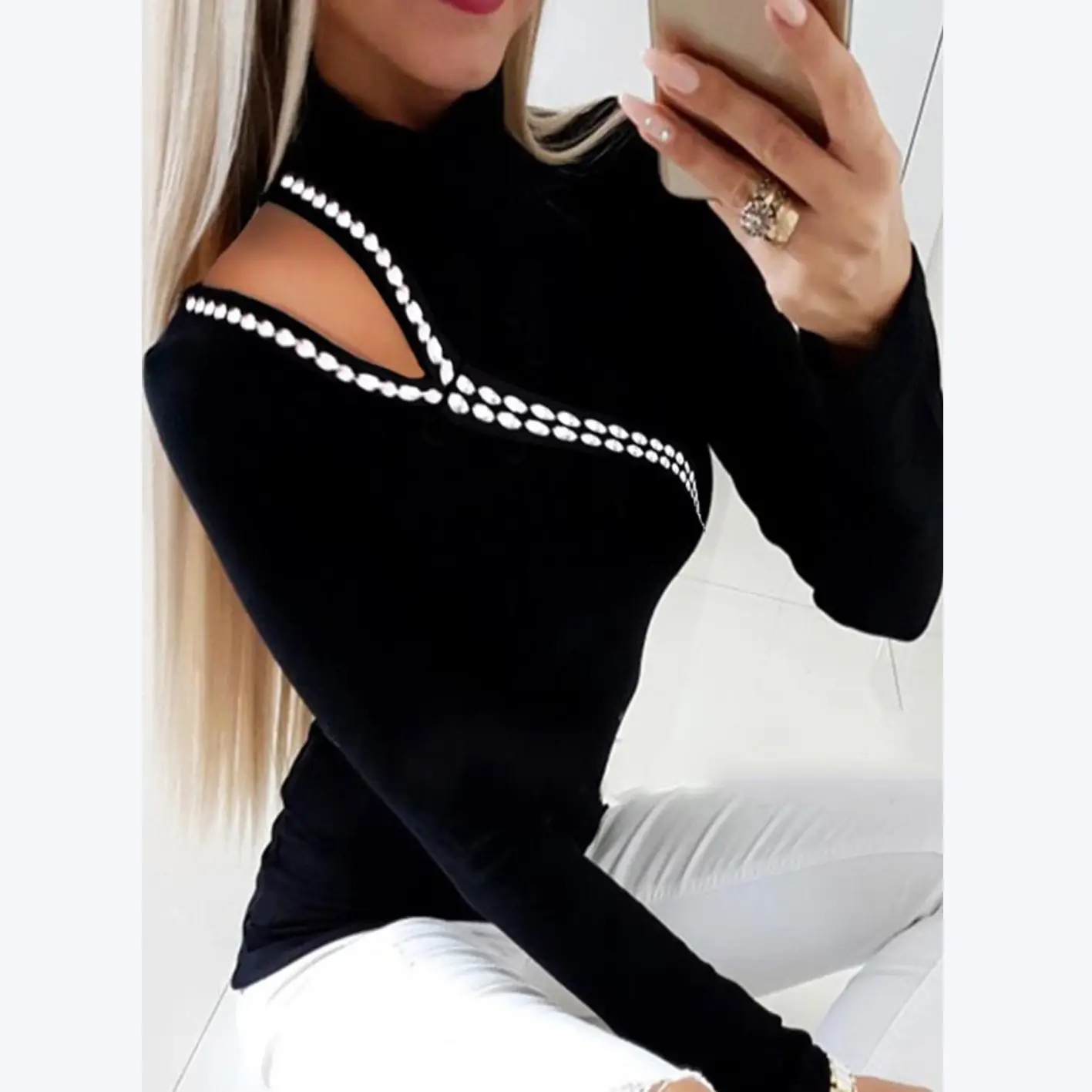 Black Cut Out Heart Lace Top Women Sexy T-Shirt - Image 3