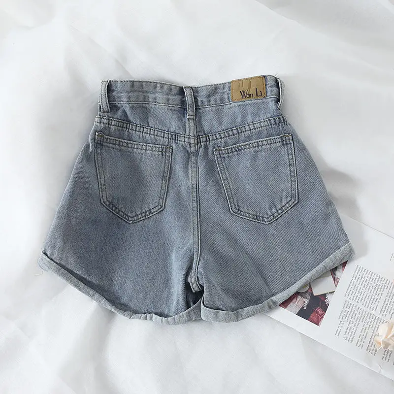 Women Retro High Waist Denim Shorts Grey - Image 4