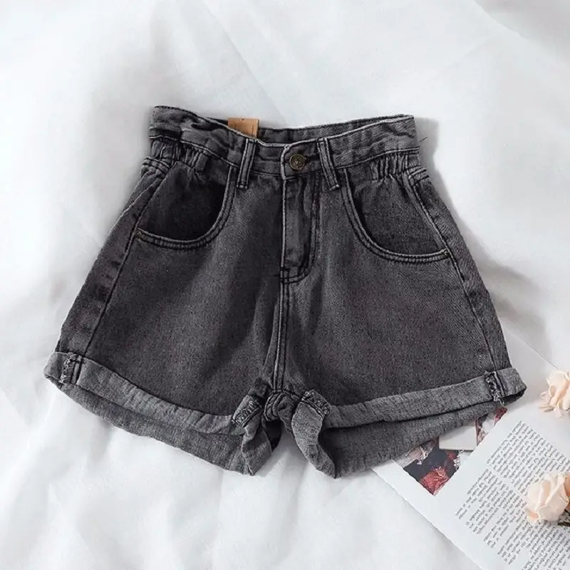 Women Retro High Waist Denim Shorts Grey - Image 6