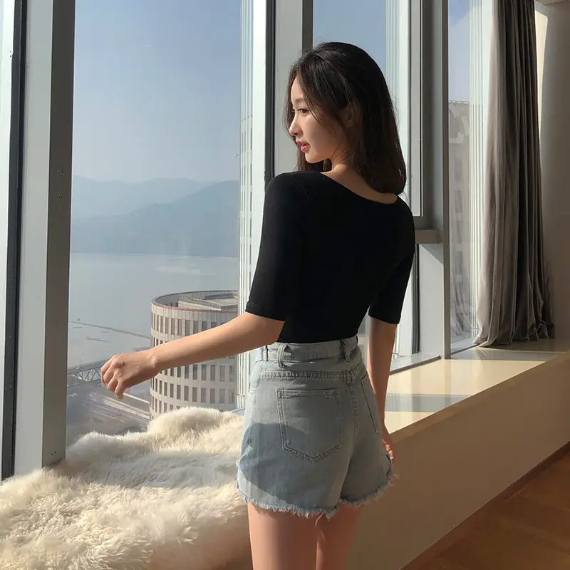 Korean Style Black Cotton Half Sleeve T-Shirt - Image 6