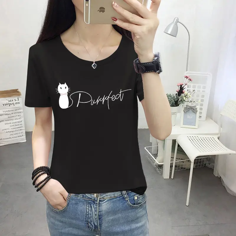 Women Light Blue Kurta T-shirt with Cat Print Summer Casual Wear - Image 11