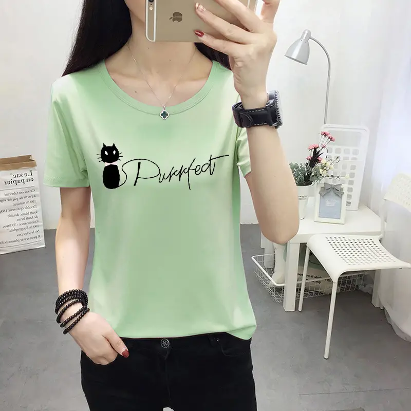 Women Light Blue Kurta T-shirt with Cat Print Summer Casual Wear - Image 14