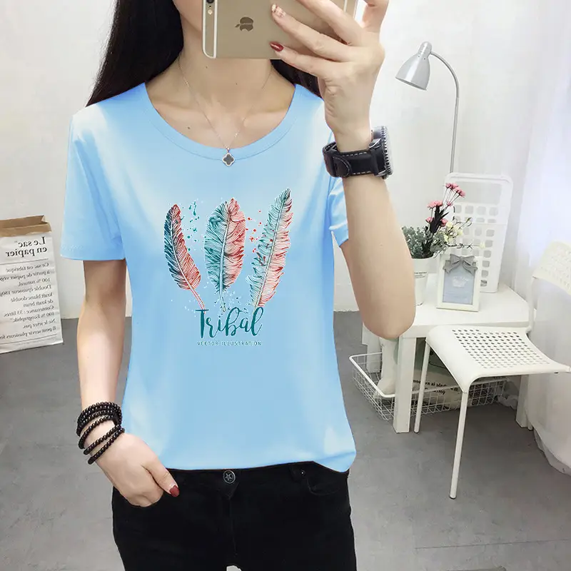 Women Light Blue Kurta T-shirt with Cat Print Summer Casual Wear - Image 37