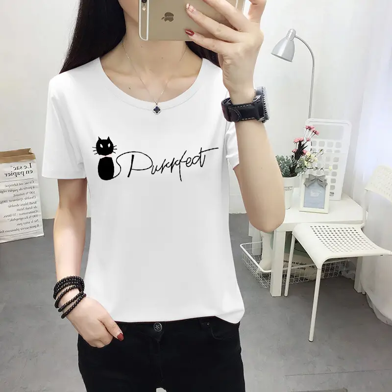 Women Light Blue Kurta T-shirt with Cat Print Summer Casual Wear - Image 9