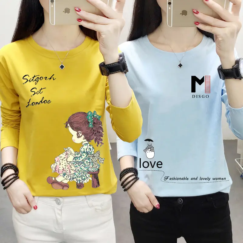 Women Long Sleeve Cat Print T-Shirt White Round Neck - Image 37