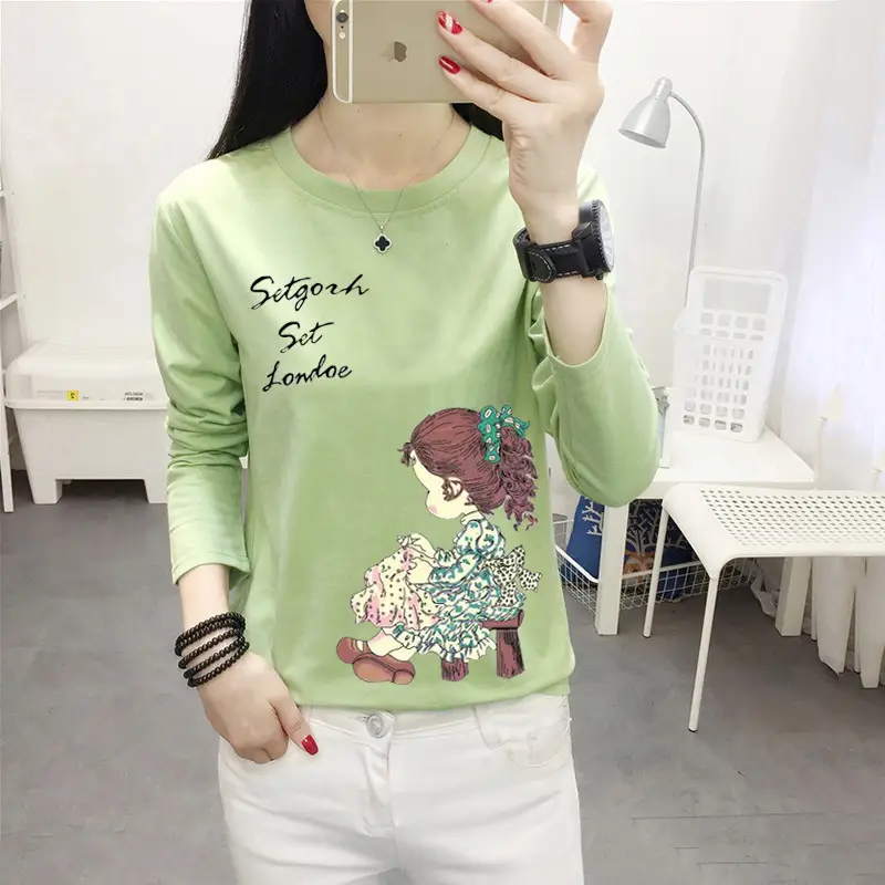 Women Long Sleeve Cat Print T-Shirt White Round Neck - Image 4