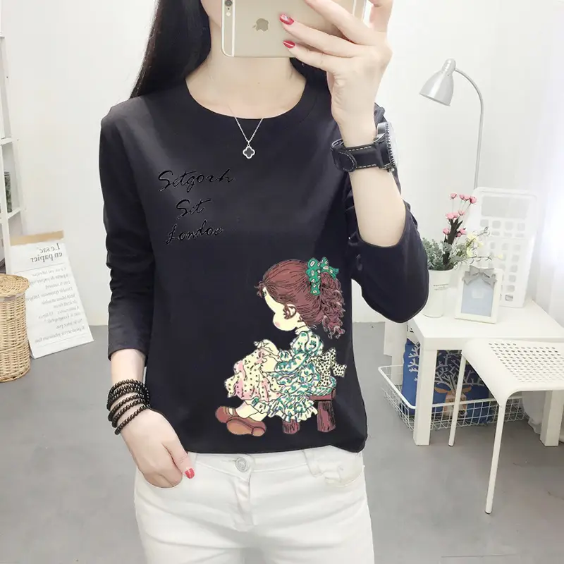Women Long Sleeve Cat Print T-Shirt White Round Neck - Image 2