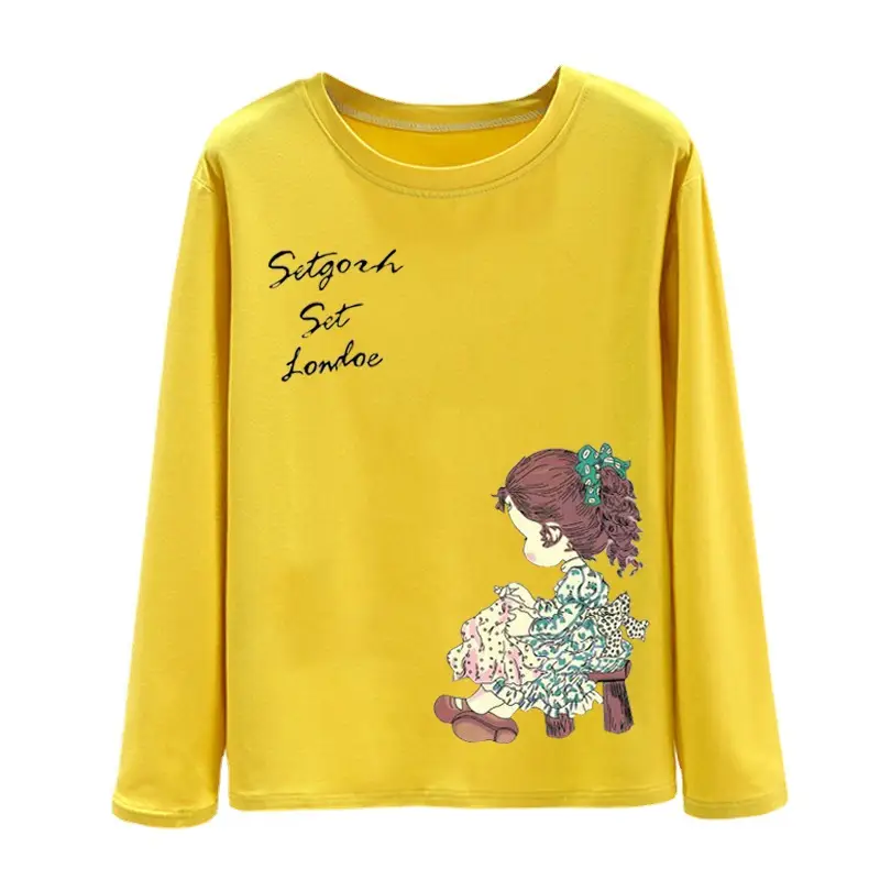 Women Long Sleeve Cat Print T-Shirt White Round Neck - Image 38