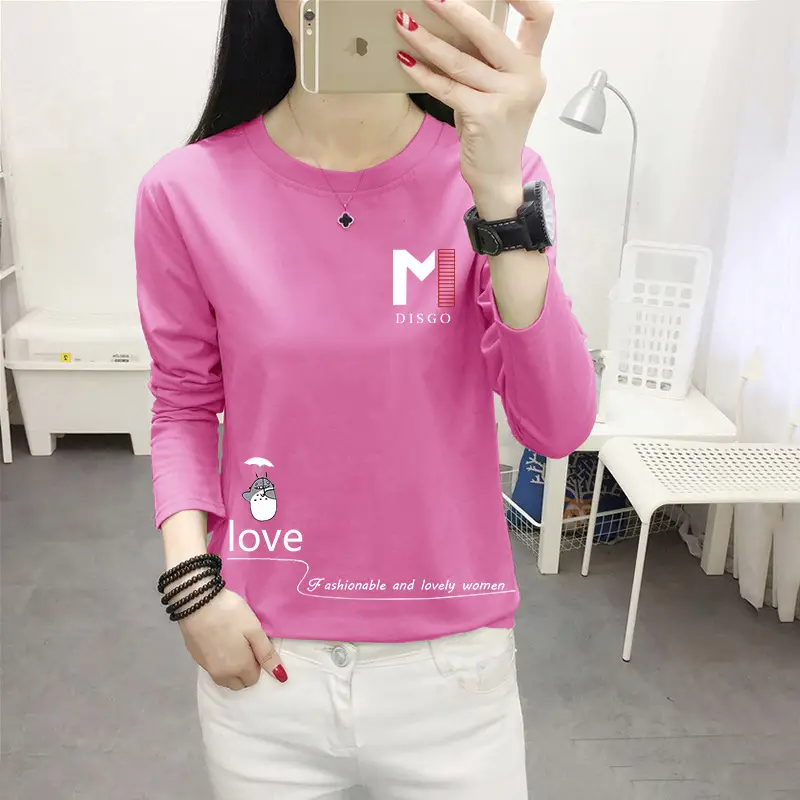 Women Long Sleeve Cat Print T-Shirt White Round Neck - Image 10
