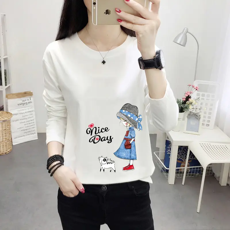 Women Long Sleeve Cat Print T-Shirt White Round Neck - Image 11