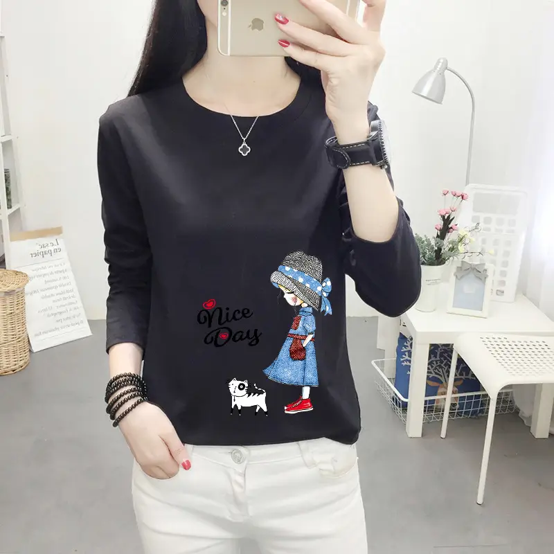 Women Long Sleeve Cat Print T-Shirt White Round Neck - Image 12