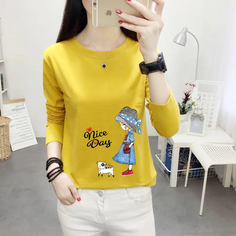 Women Long Sleeve Cat Print T-Shirt White Round Neck - Image 13