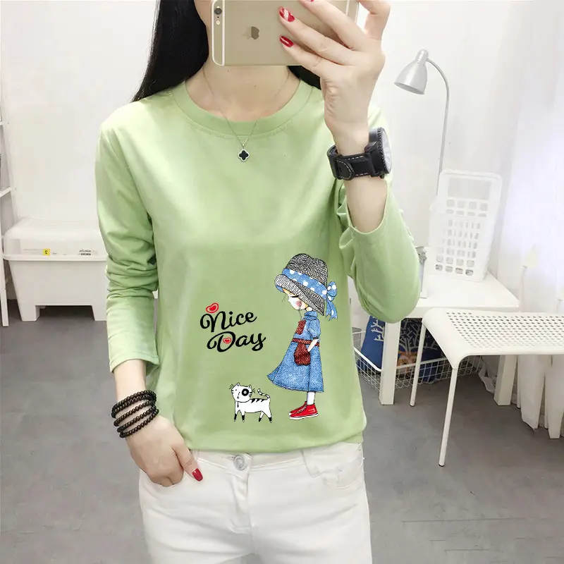 Women Long Sleeve Cat Print T-Shirt White Round Neck - Image 14