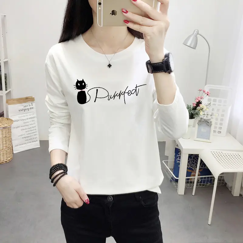 Women Long Sleeve Cat Print T-Shirt White Round Neck - Image 15
