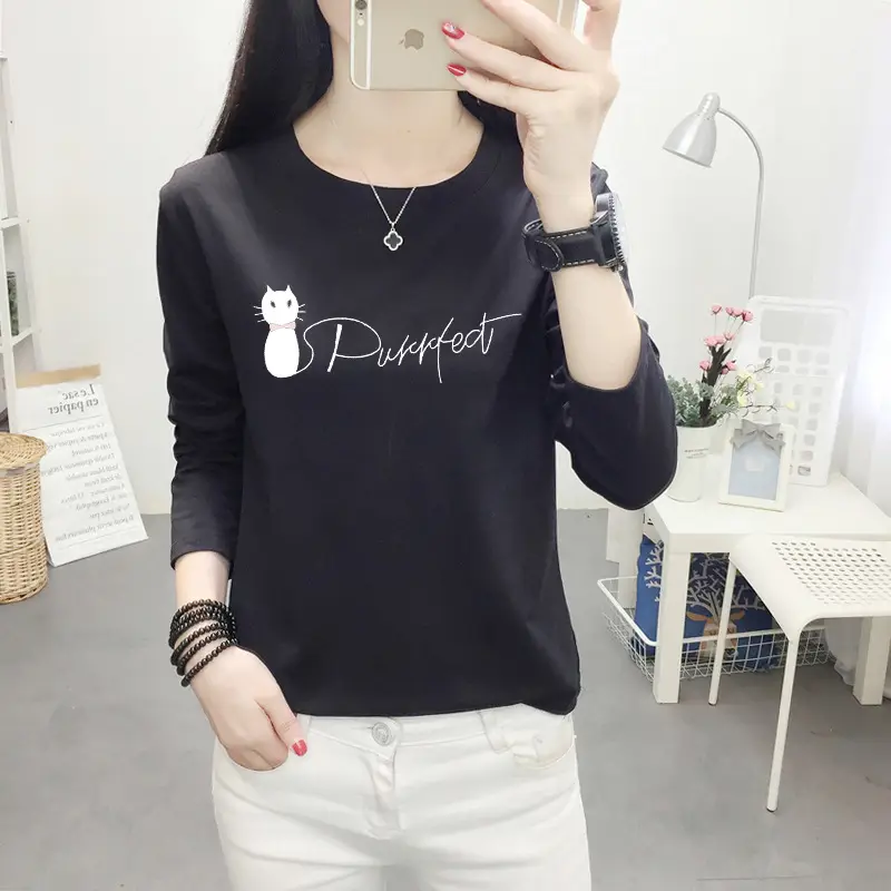 Women Long Sleeve Cat Print T-Shirt White Round Neck - Image 16