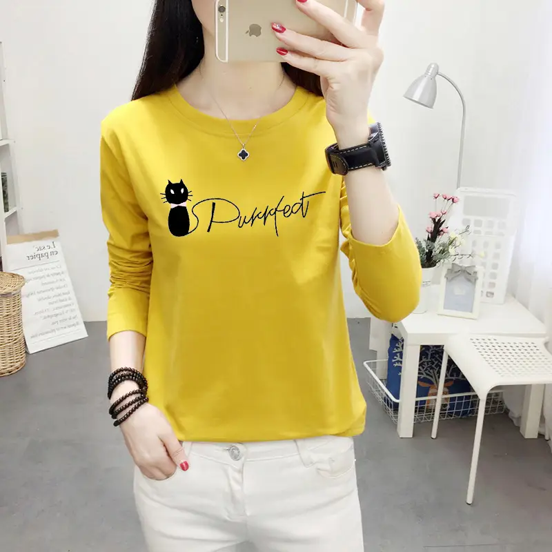 Women Long Sleeve Cat Print T-Shirt White Round Neck - Image 17