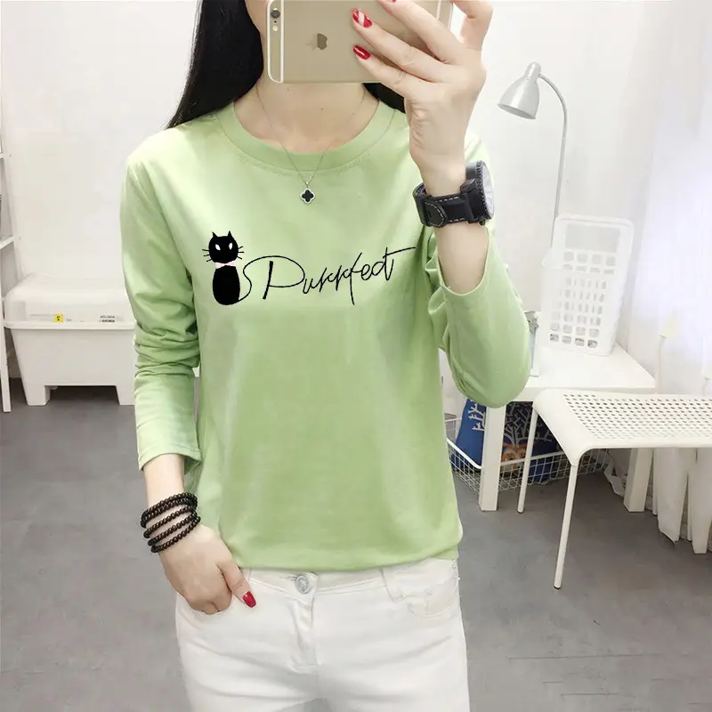 Women Long Sleeve Cat Print T-Shirt White Round Neck - Image 18
