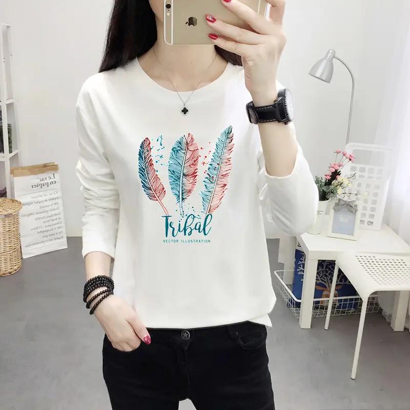 Women Long Sleeve Cat Print T-Shirt White Round Neck - Image 19