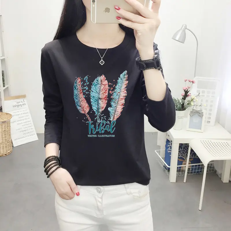 Women Long Sleeve Cat Print T-Shirt White Round Neck - Image 20