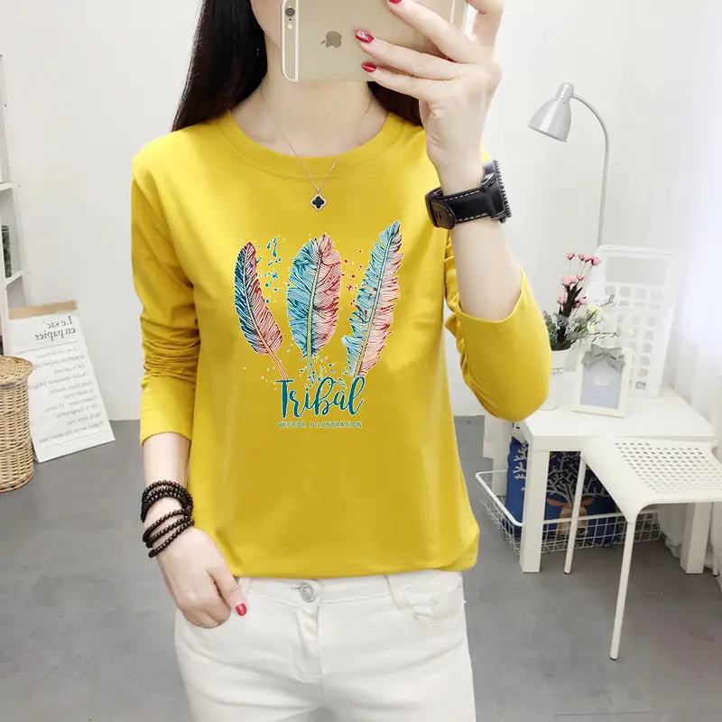 Women Long Sleeve Cat Print T-Shirt White Round Neck - Image 21