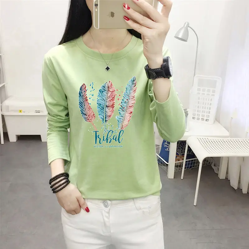 Women Long Sleeve Cat Print T-Shirt White Round Neck - Image 22