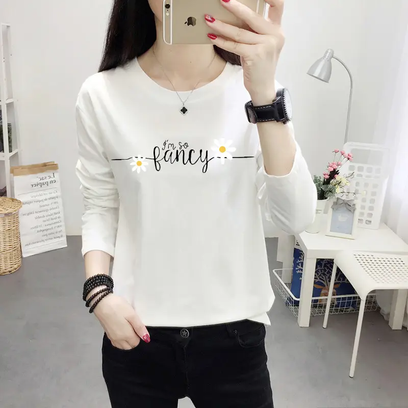 Women Long Sleeve Cat Print T-Shirt White Round Neck - Image 23