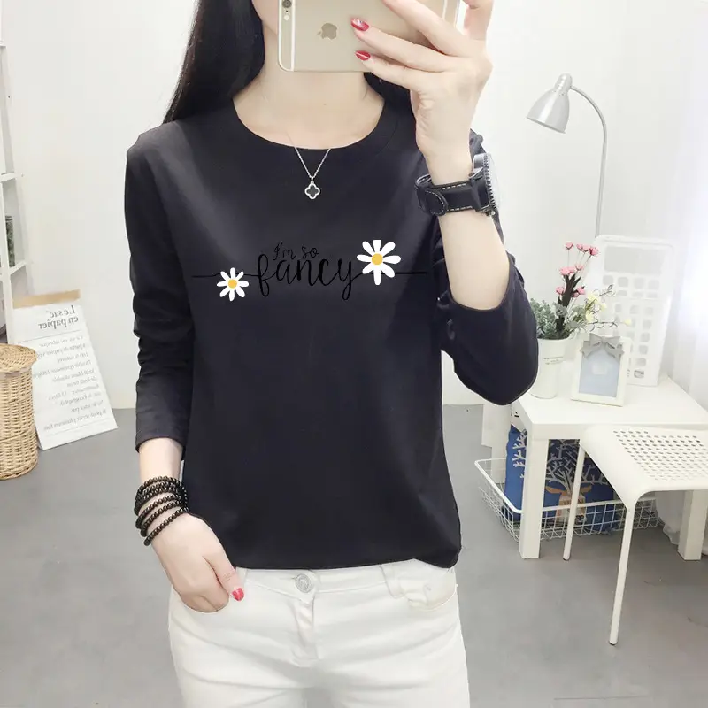 Women Long Sleeve Cat Print T-Shirt White Round Neck - Image 24