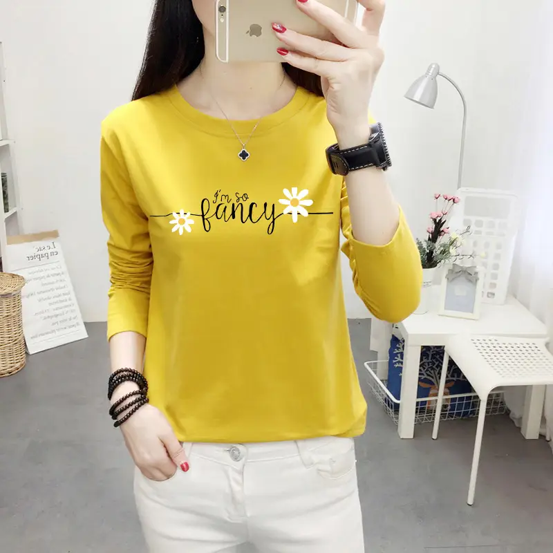 Women Long Sleeve Cat Print T-Shirt White Round Neck - Image 25
