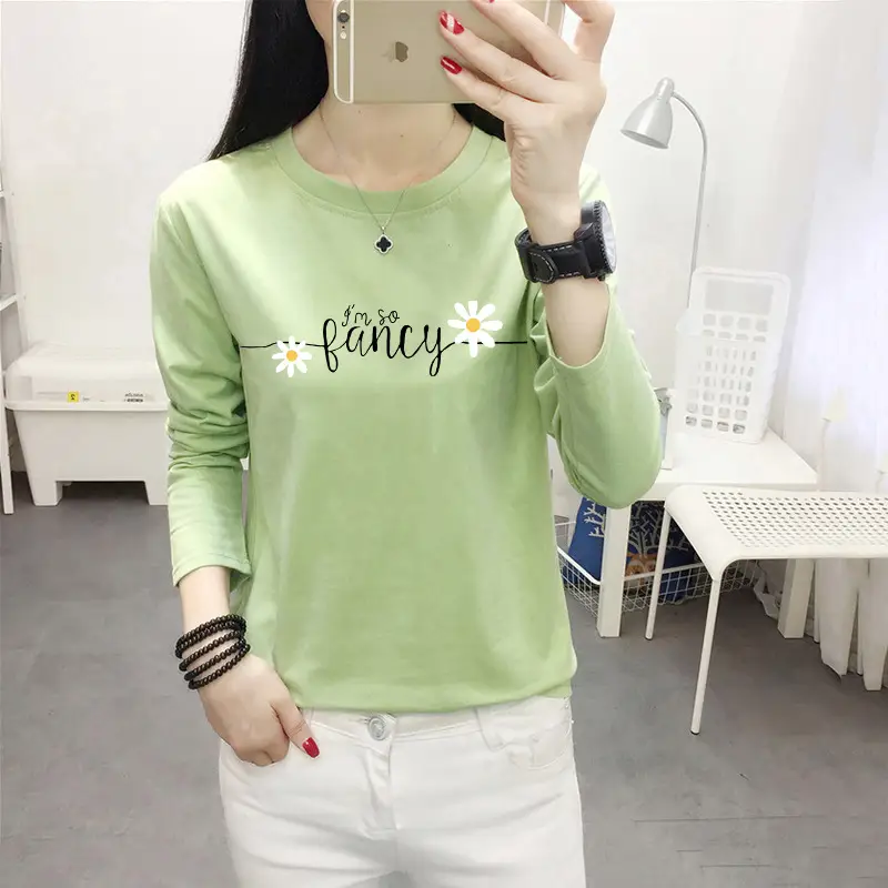 Women Long Sleeve Cat Print T-Shirt White Round Neck - Image 26