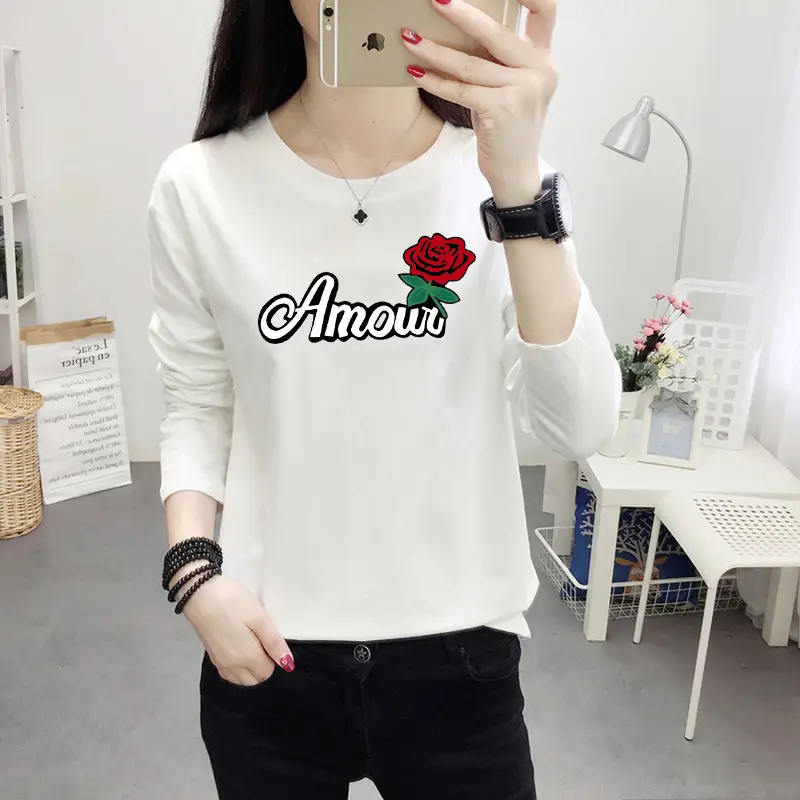 Women Long Sleeve Cat Print T-Shirt White Round Neck - Image 27