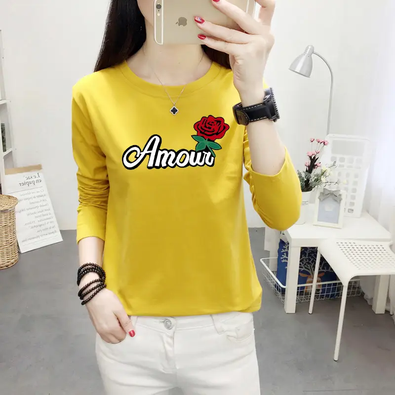 Women Long Sleeve Cat Print T-Shirt White Round Neck - Image 29